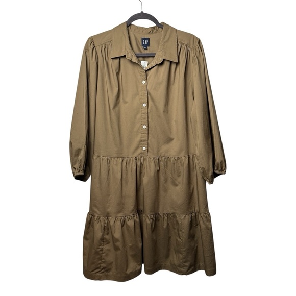 Gap NWT Khaki Tan Tiered Babydoll Collared Button Front Shirt Dress SZ XL Boho - Picture 1 of 7